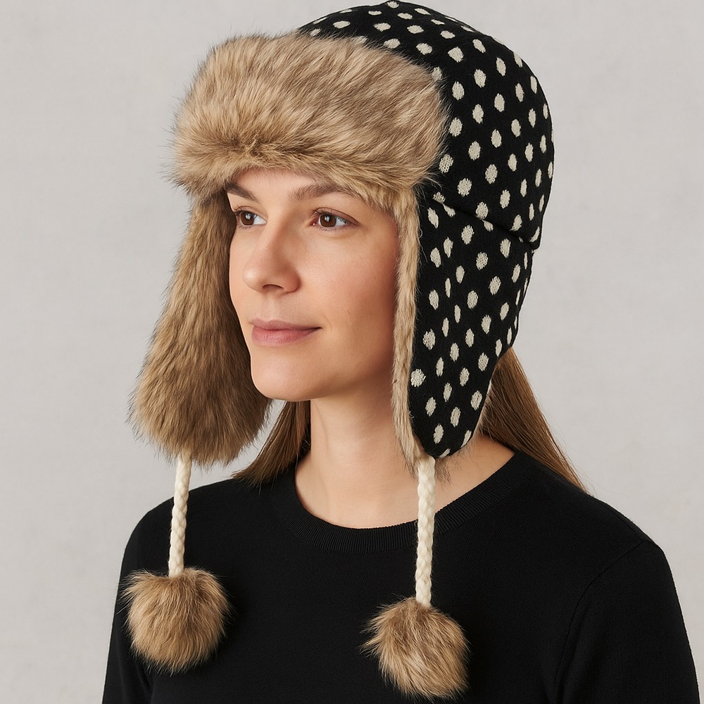 American Eagle AE Vintage Retro Polka Dot Faux Fur Trapper Hat Cozy Winter Style